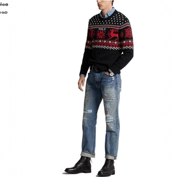 POLO RALPH LAUREN Reindeer Cotton Cashmere Crewneck Sweater Fair Isle Size L NEW - Picture 2 of 12